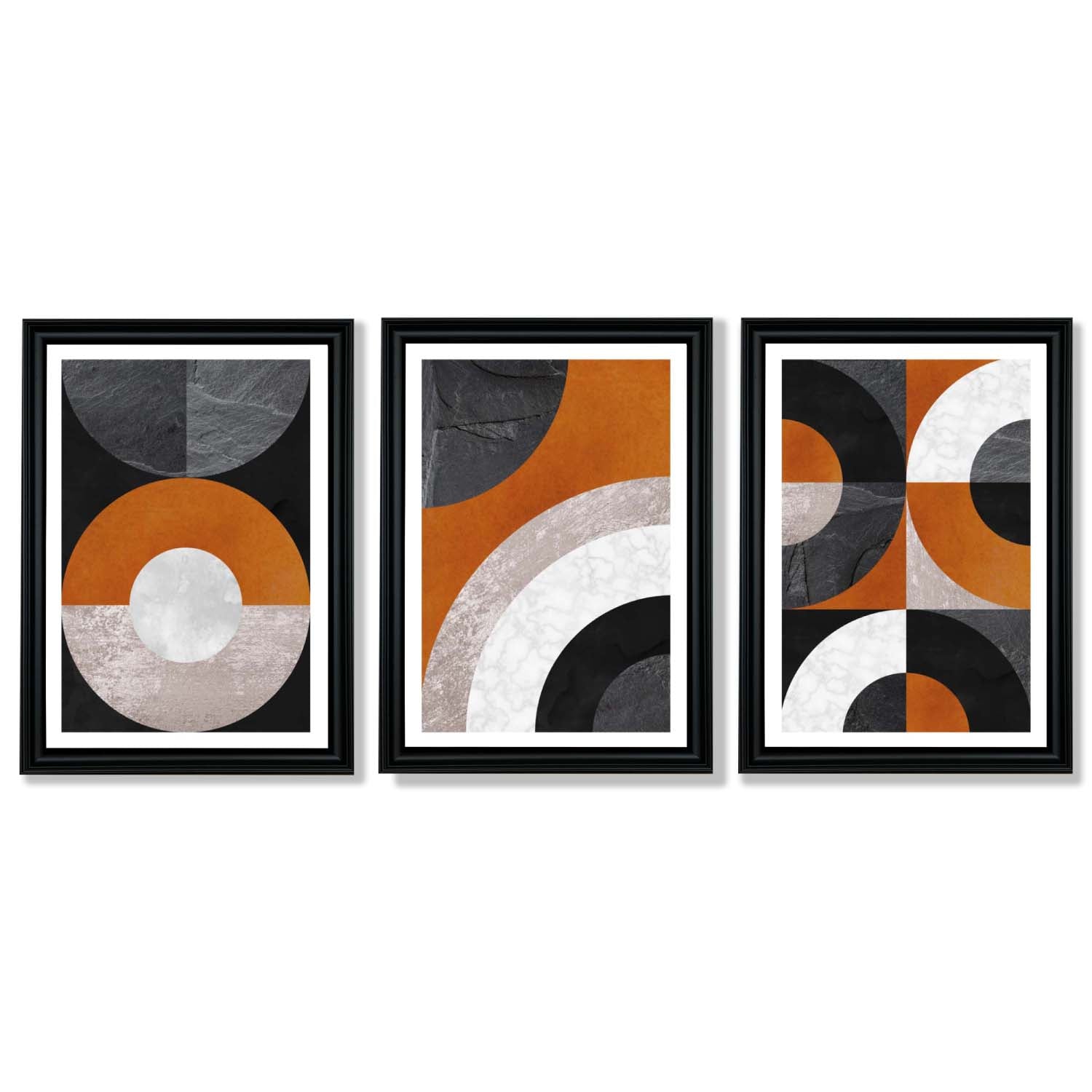 Set of 3 Black and Orange Abstract Circles Framed Art Prints with Vermeer Black Frames