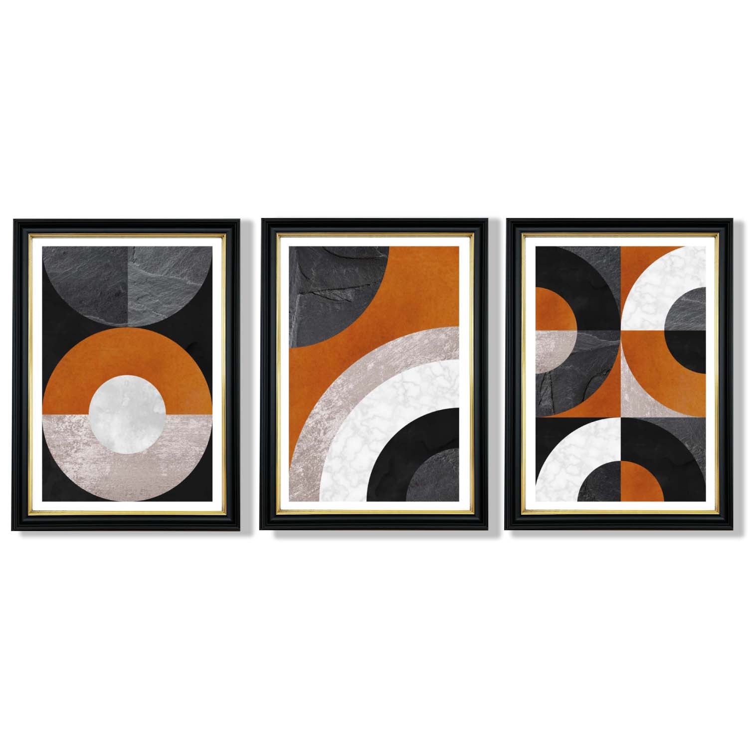 Set of 3 Black and Orange Abstract Circles Framed Art Prints with Vermeer Black and Gold Frames