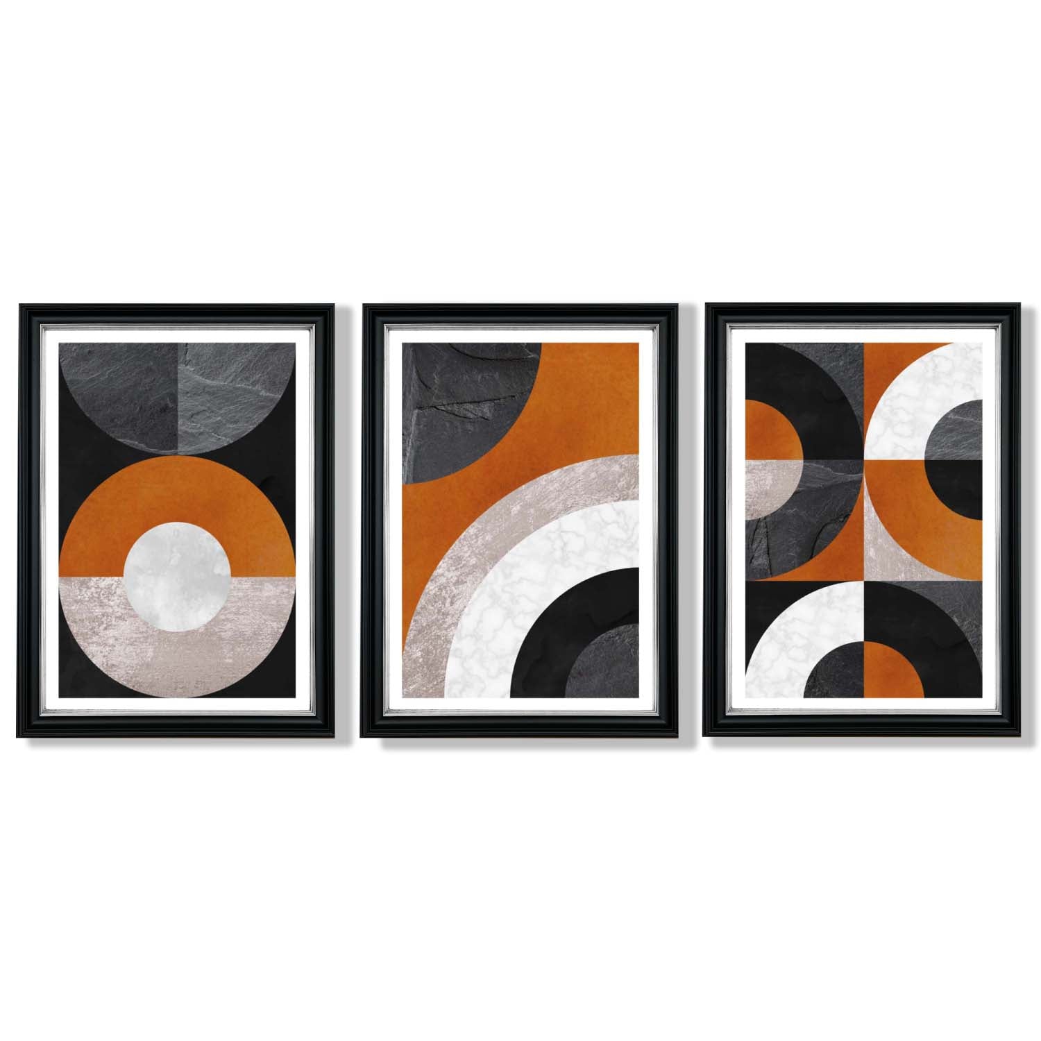 Set of 3 Black and Orange Abstract Circles Framed Art Prints with Vermeer Black and Silver Frames