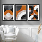 Set of 3 Black and Orange Abstract Circles Art Prints in Black Frames | Artze UK