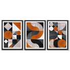 Set of 3 Black and Orange Mid Century Framed Art Prints with Black Wooden Frames