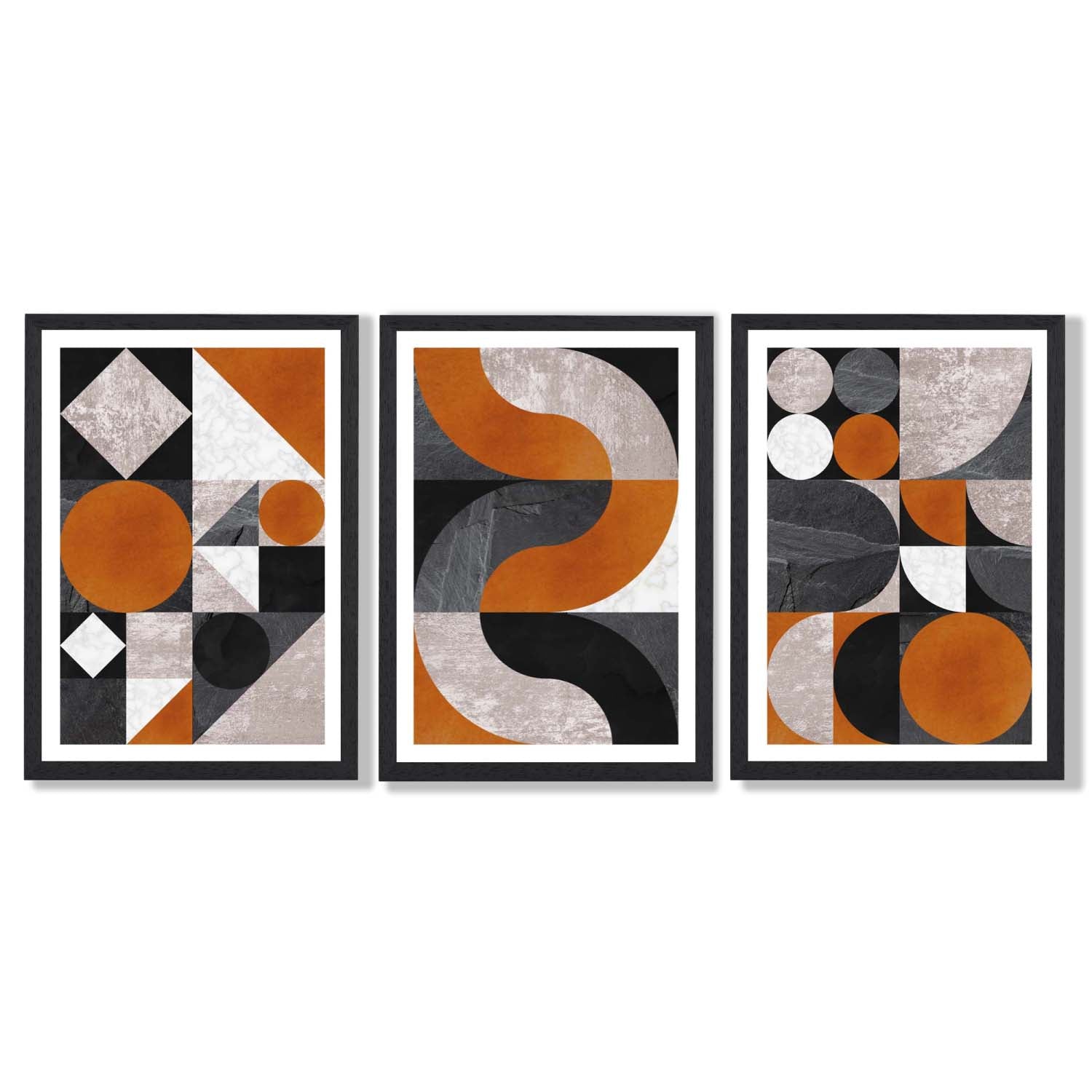 Set of 3 Black and Orange Mid Century Framed Art Prints with Black Wooden Frames