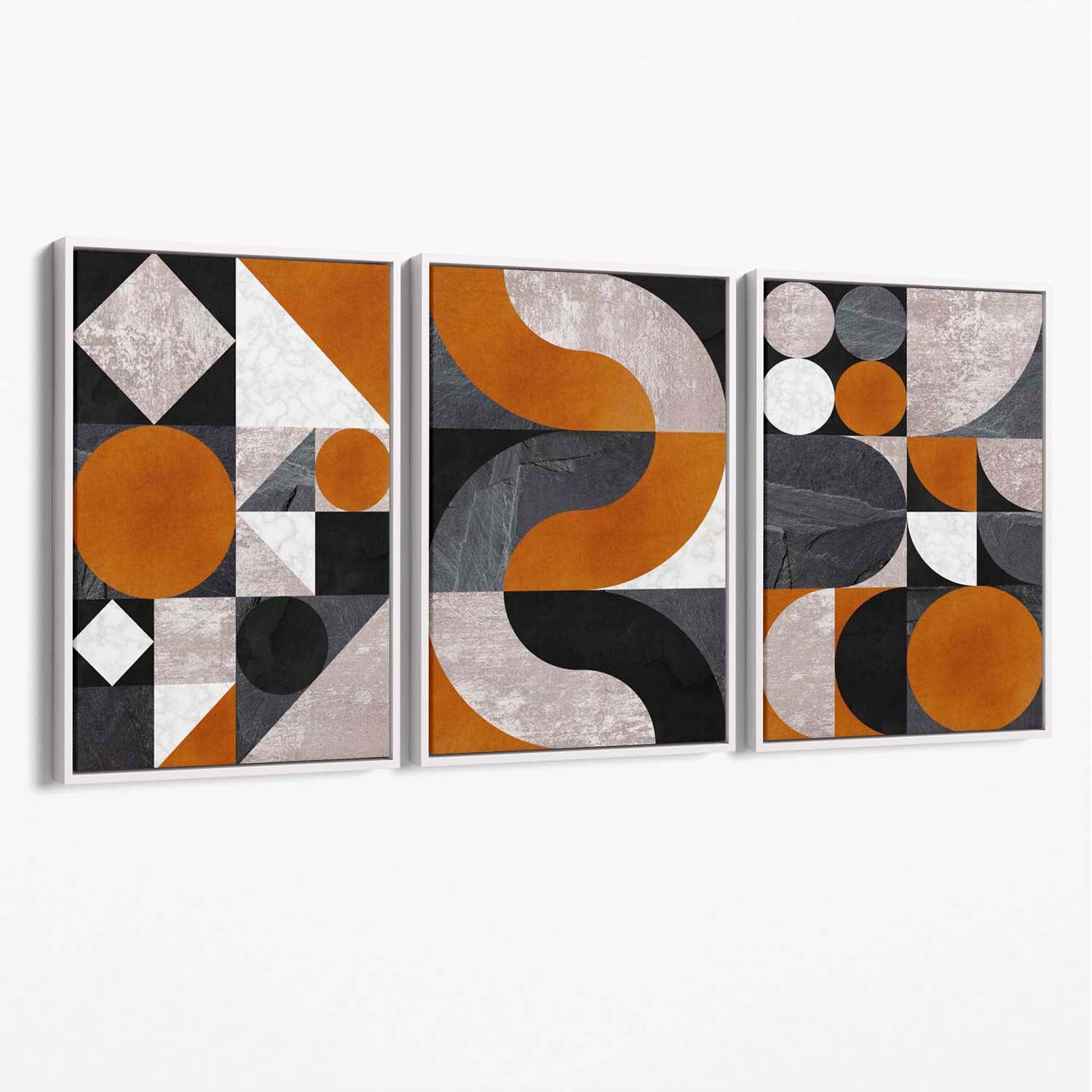 Set of 3 Black and Orange Mid Century Canvas Art Prints with White Float Frame