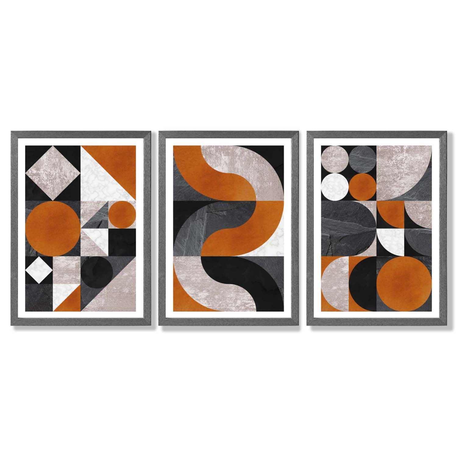 Set of 3 Black and Orange Mid Century Framed Art Prints with Dark Grey Wooden Frames