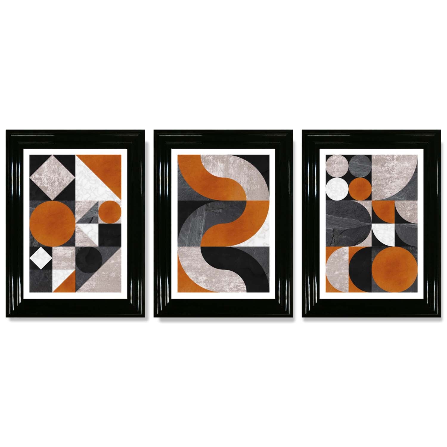 Set of 3 Black and Orange Mid Century Framed Art Prints with Glossy Black Frames