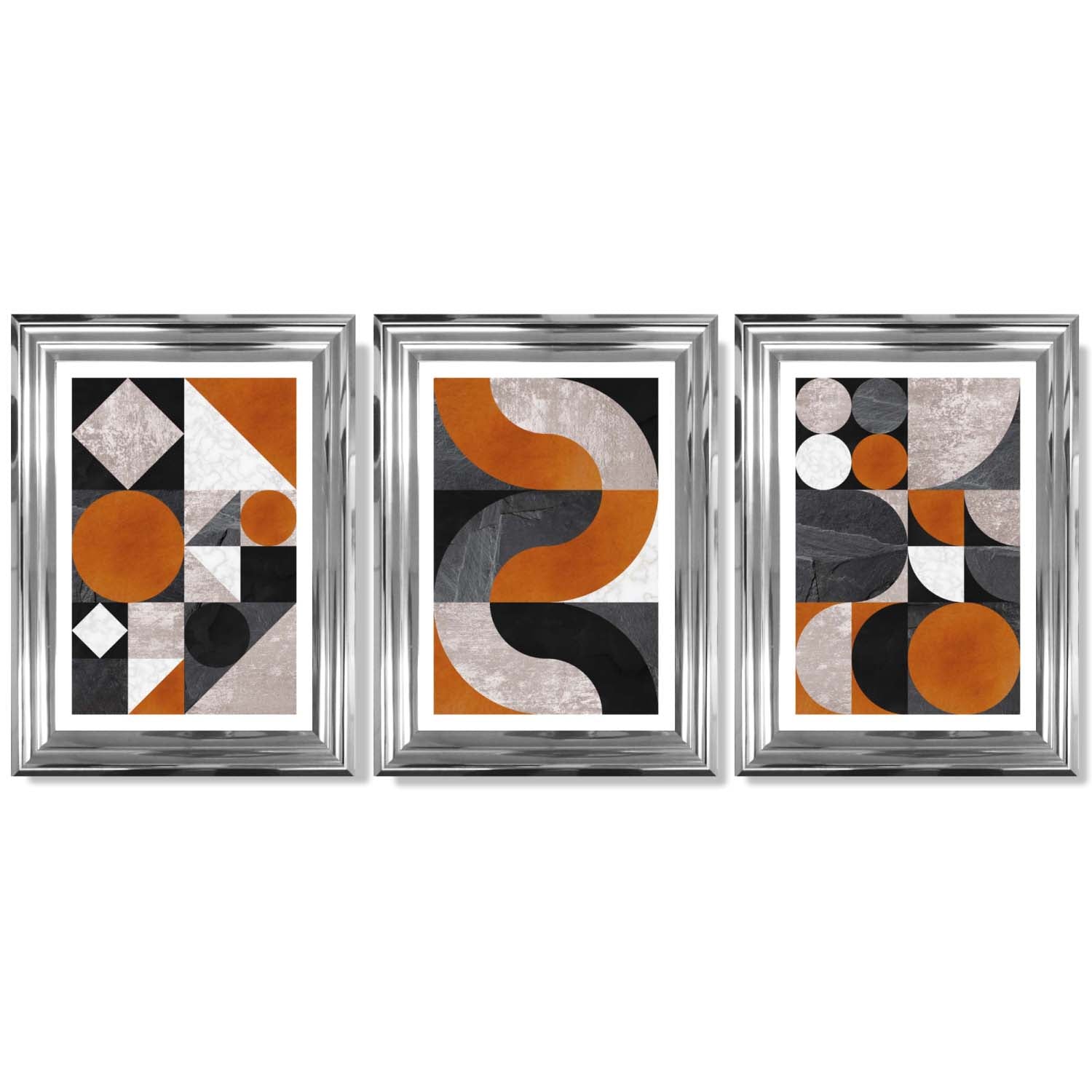 Set of 3 Black and Orange Mid Century Framed Art Prints with Glossy Chrome Frames