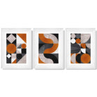 Set of 3 Black and Orange Mid Century Framed Art Prints with Glossy White Frames