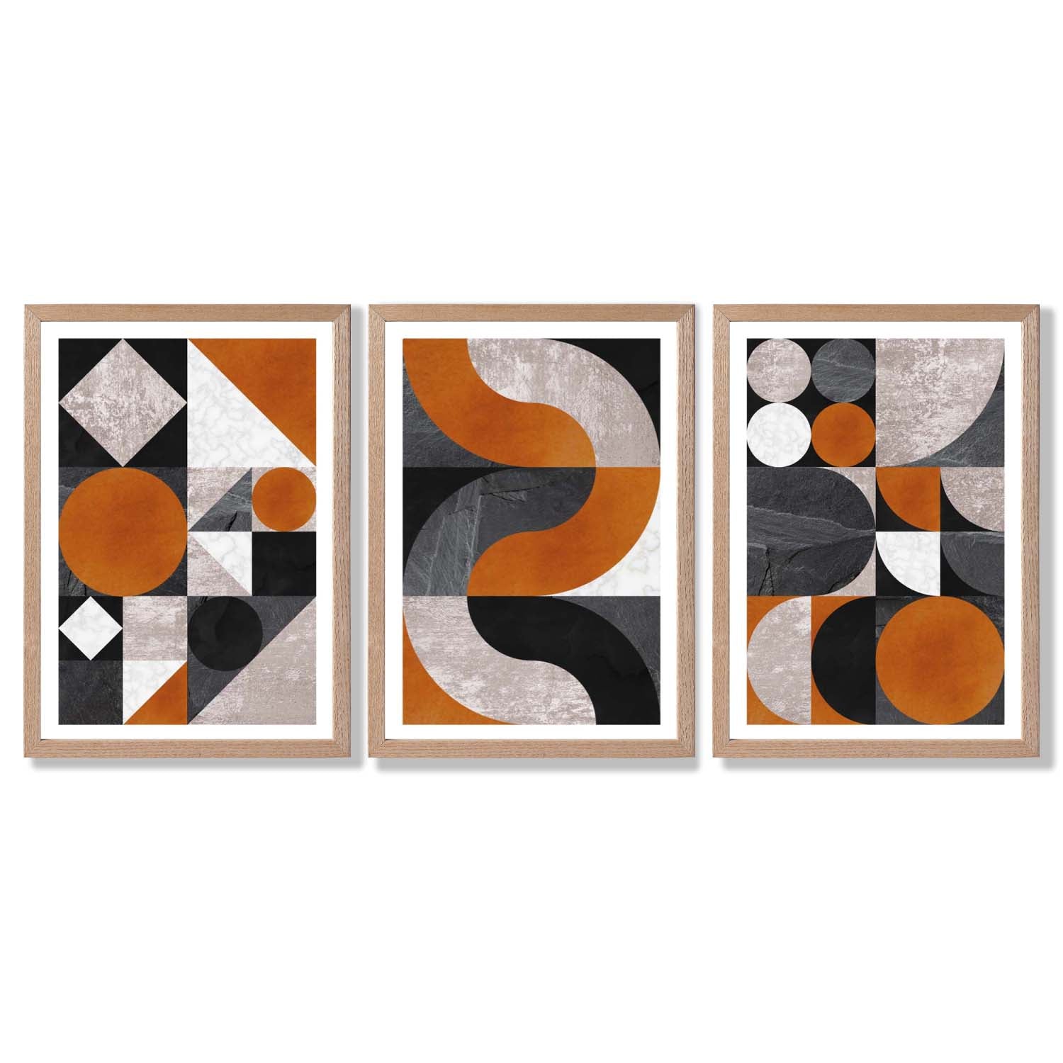 Set of 3 Black and Orange Mid Century Framed Art Prints with Light Oak Frames