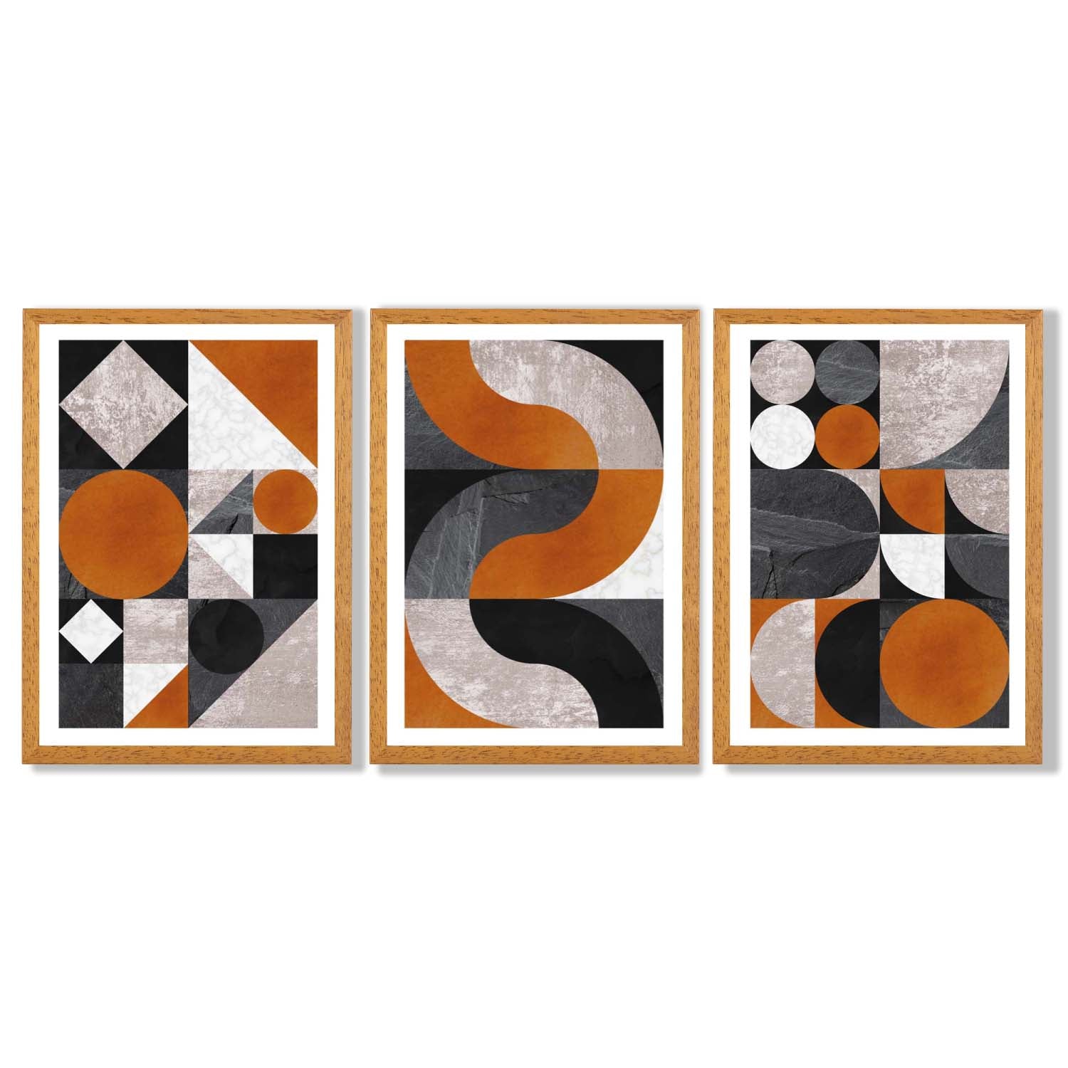 Set of 3 Black and Orange Mid Century Framed Art Prints with Oak Wooden Frames