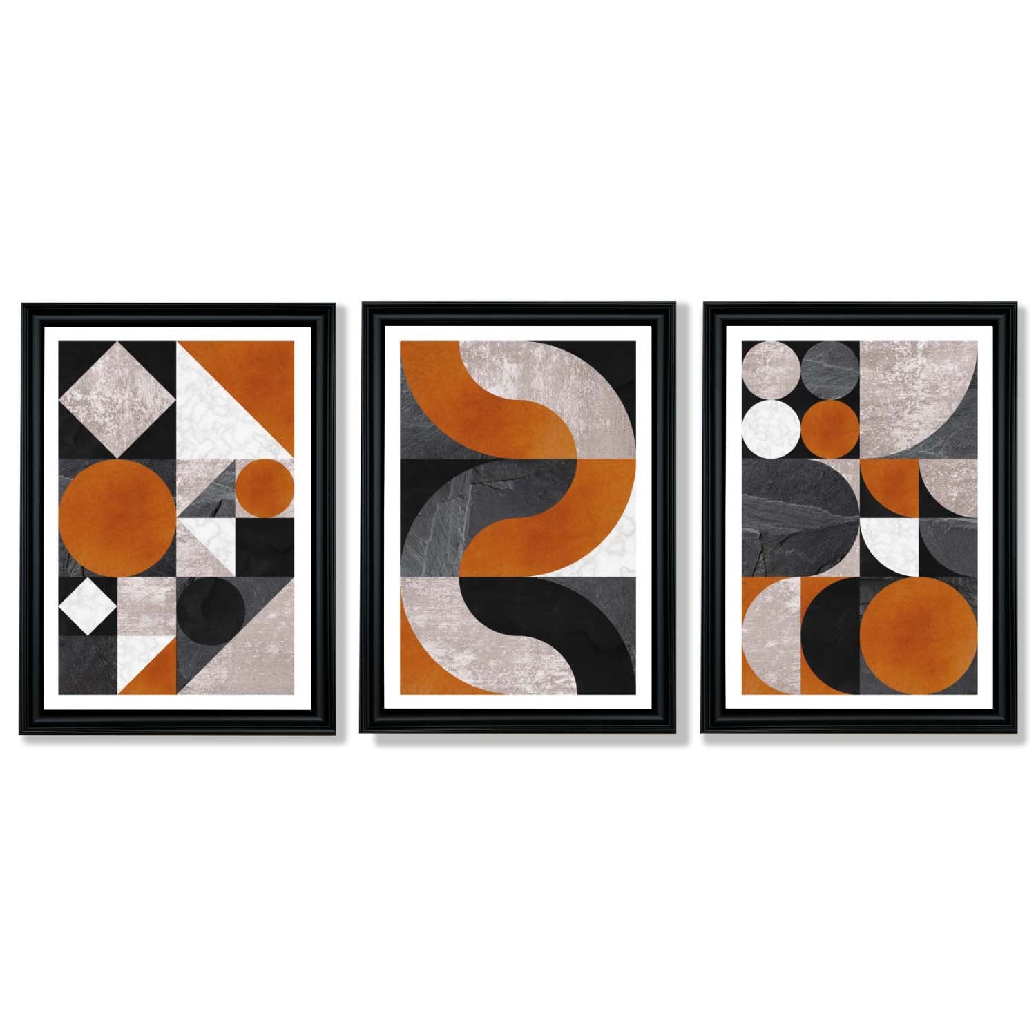 Set of 3 Black and Orange Mid Century Framed Art Prints with Vermeer Black Frames