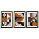 Set of 3 Black and Orange Mid Century Framed Art Prints with Vermeer Black and Gold Frames