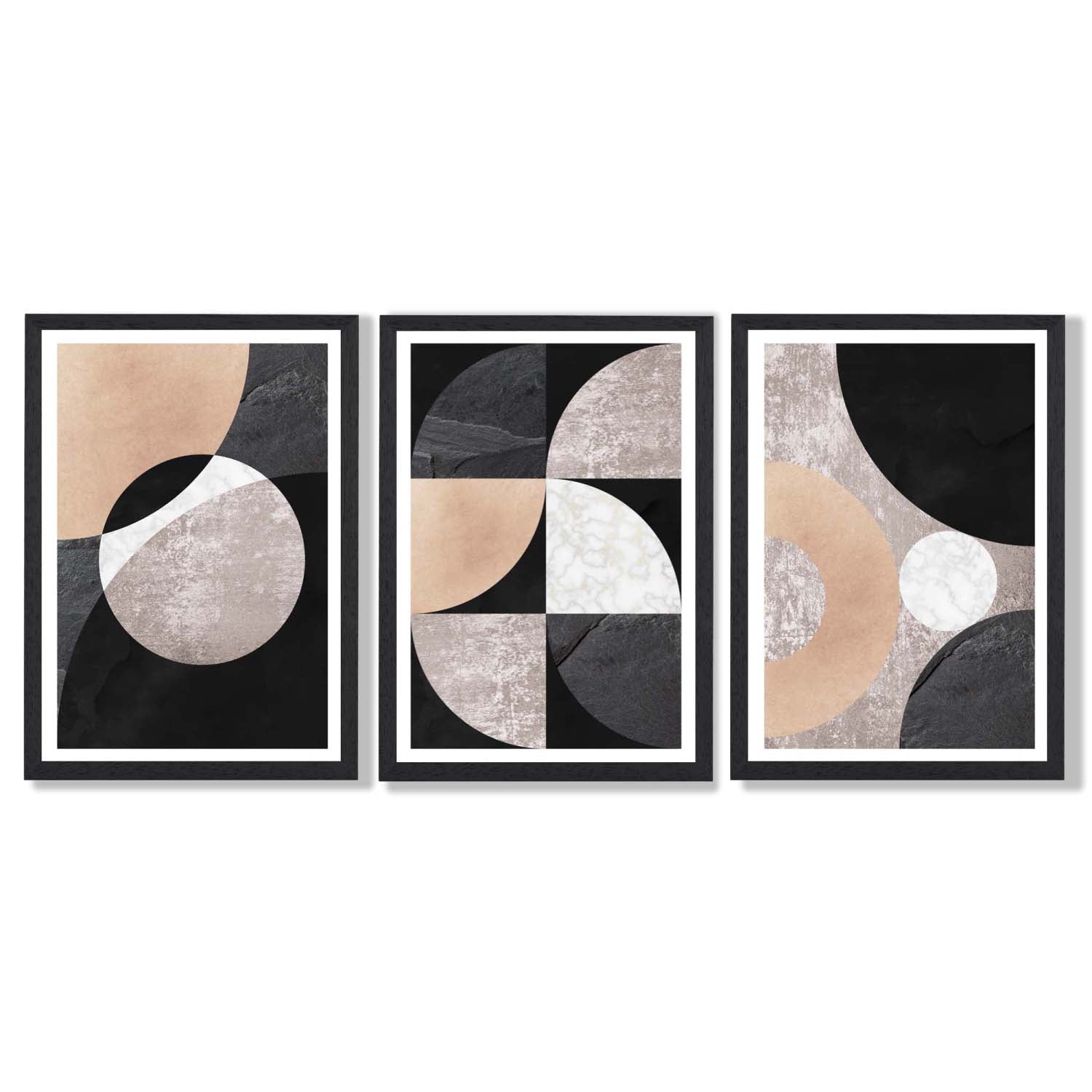 Set of 3 Black and Beige Abstract Framed Art Prints with Black Wooden Frames