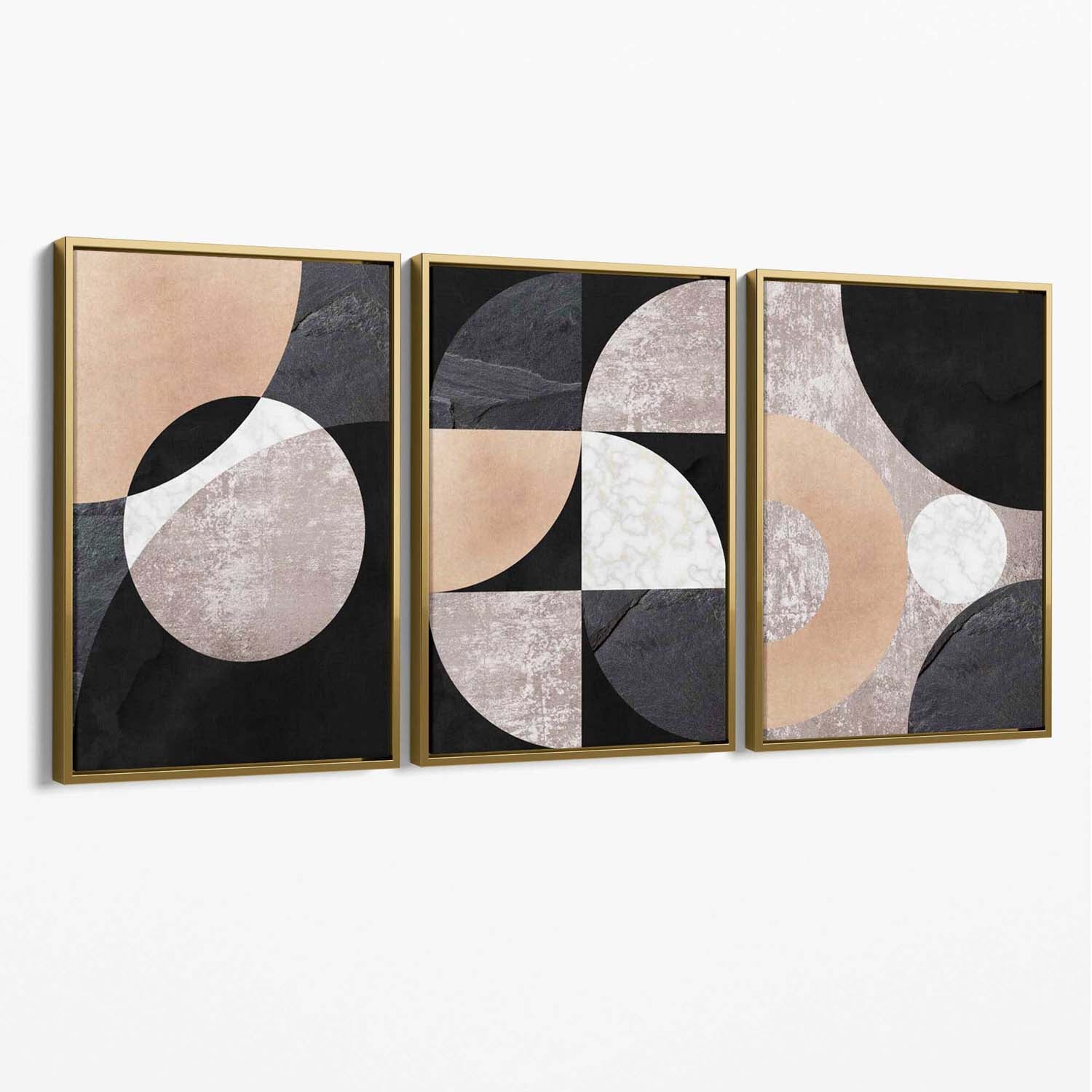 Set of 3 Black and Beige Abstract Canvas Art Prints with Gold Float Frame