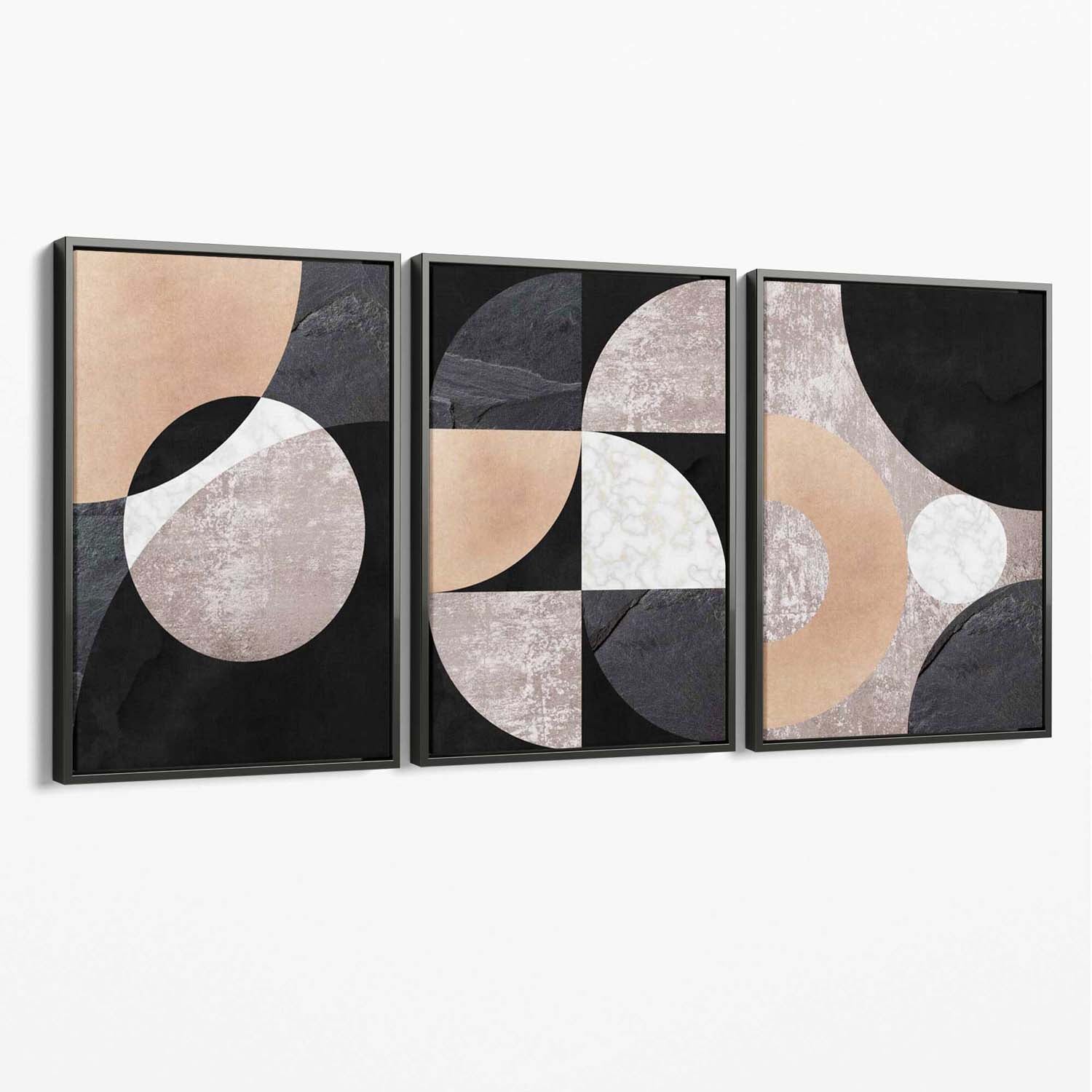 Set of 3 Black and Beige Abstract Canvas Art Prints with Grey Float Frame