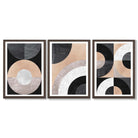 Set of 3 Black and Beige Abstract Framed Art Prints with Dark Wood Frames