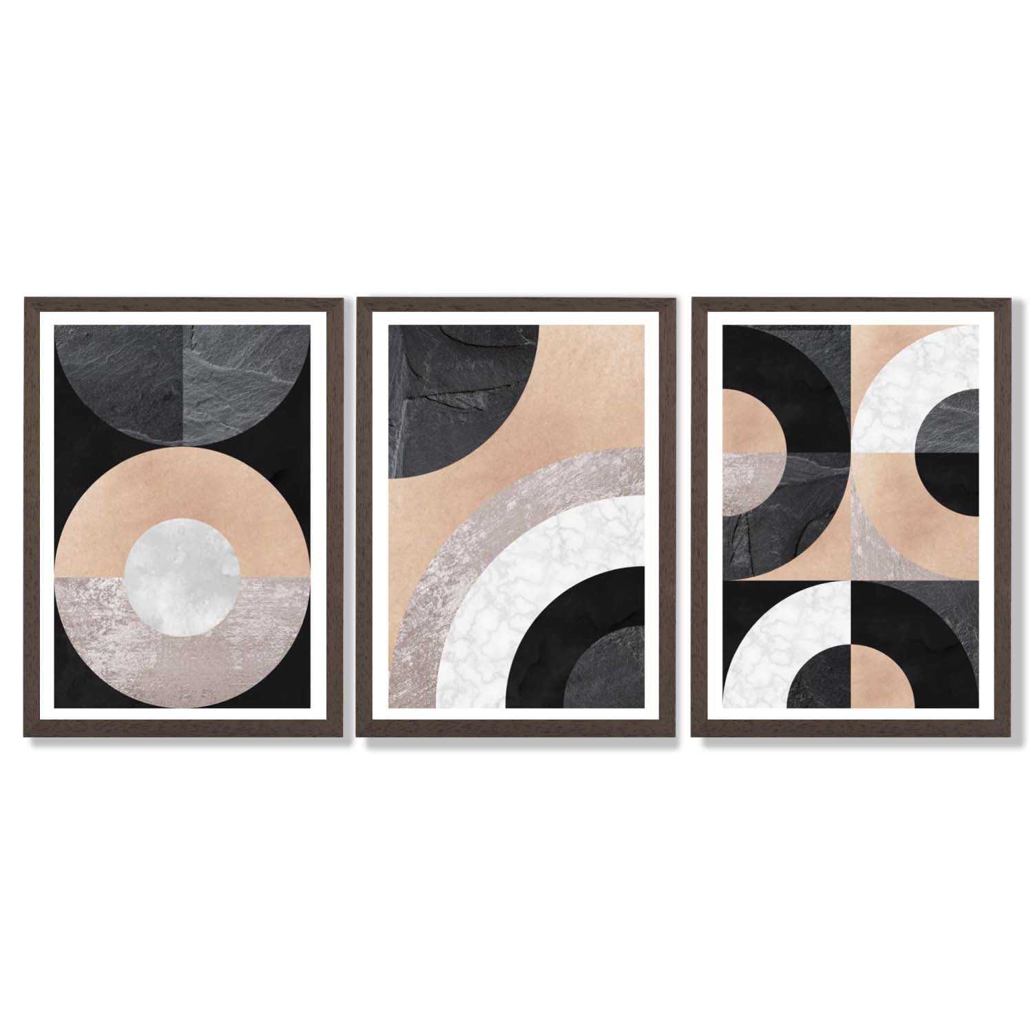 Set of 3 Black and Beige Abstract Framed Art Prints with Dark Wood Frames