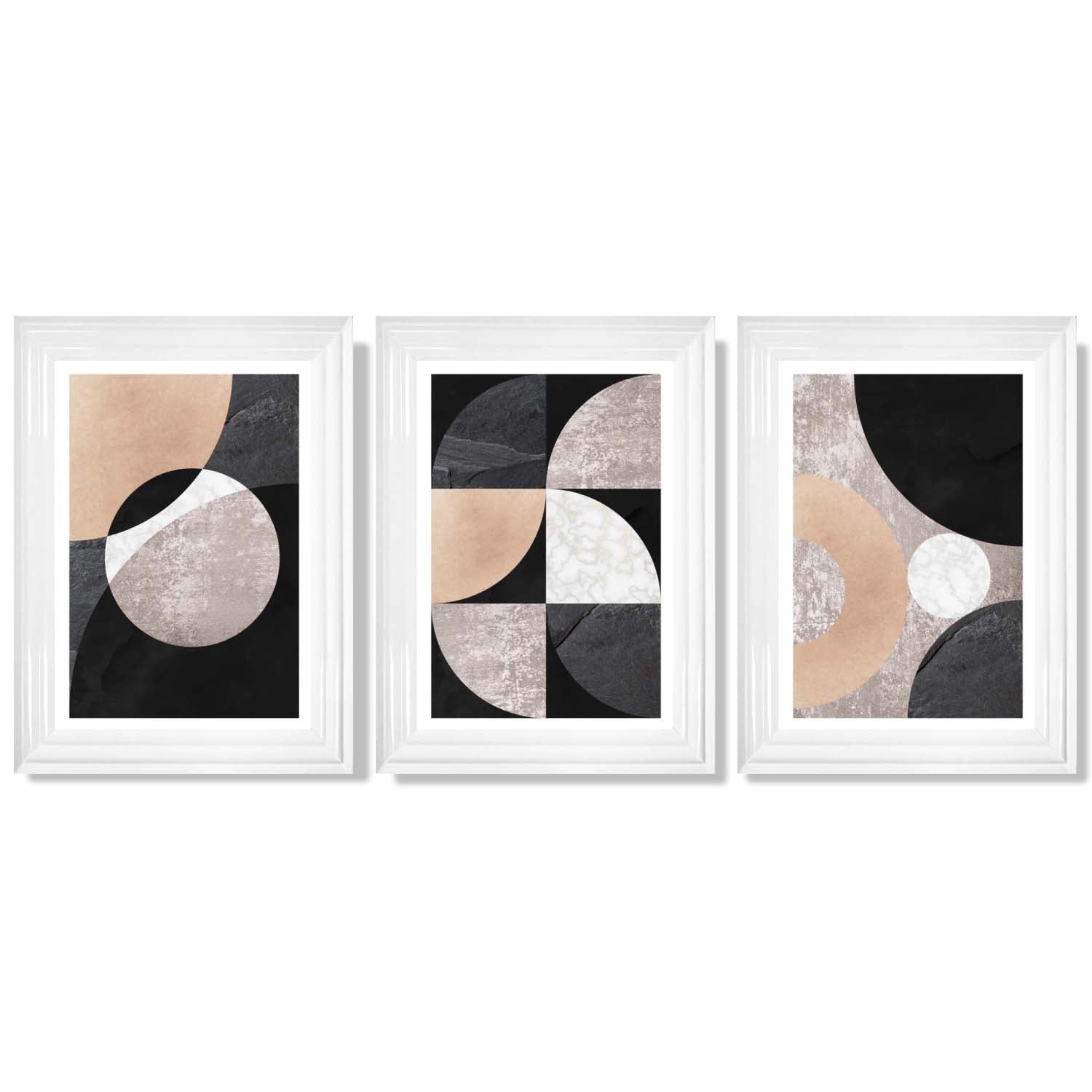 Set of 3 Black and Beige Abstract Framed Art Prints with Glossy White Frames