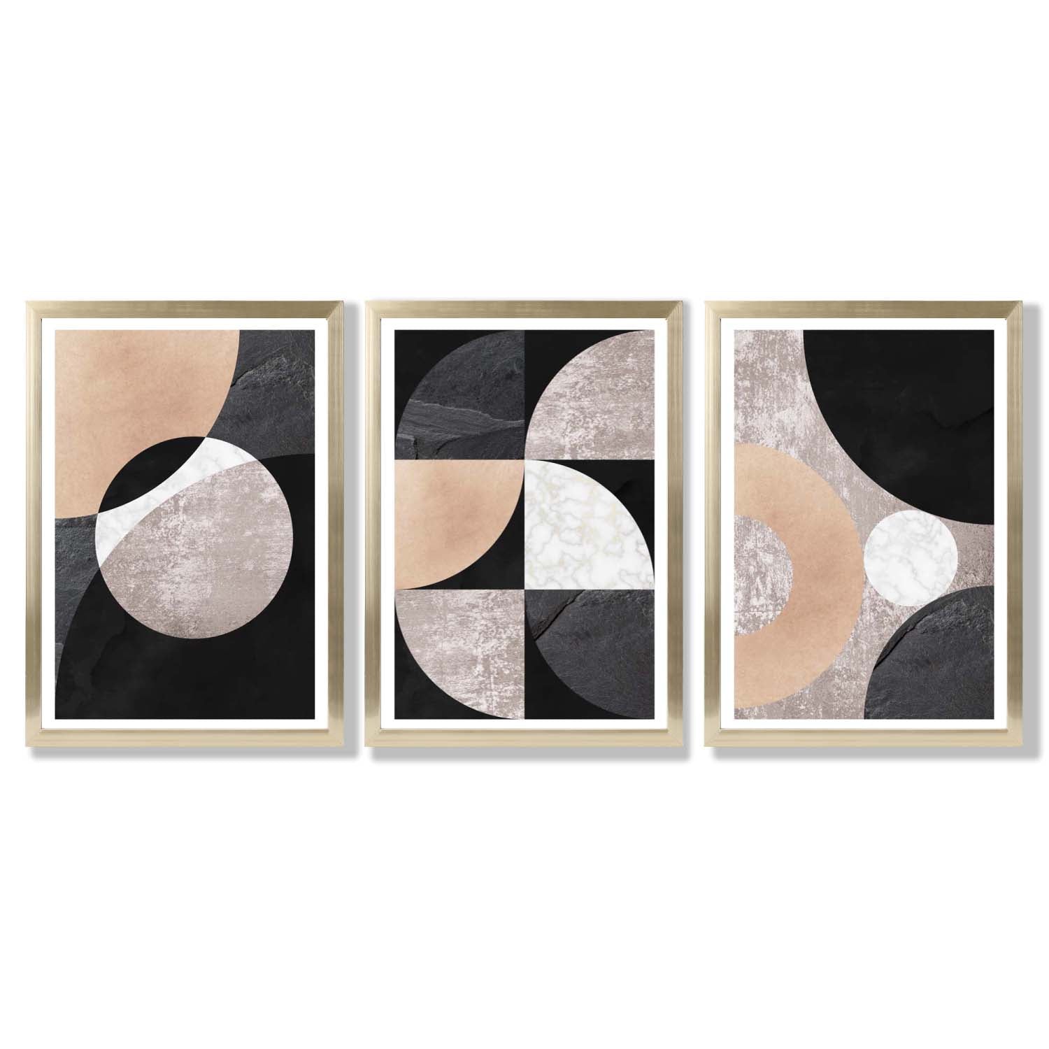 Set of 3 Black and Beige Abstract Framed Art Prints with Gold Wood Frames