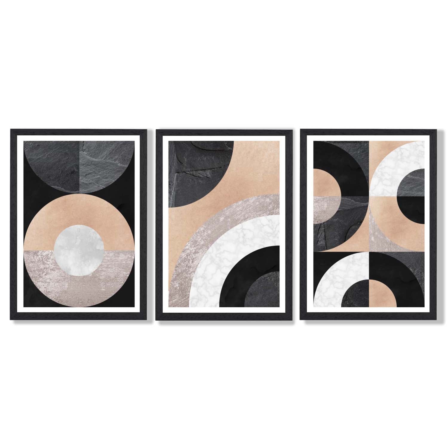 Set of 3 Black and Beige Geometric Framed Art Prints with Black Wooden Frames