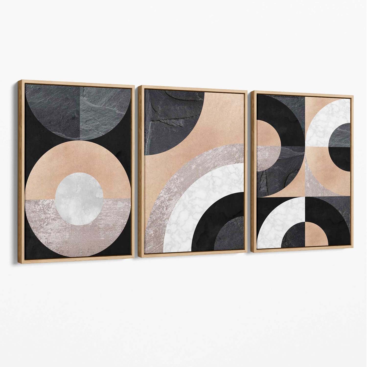 Set of 3 Black and Beige Geometric Canvas Art Prints with Oak Float Frame