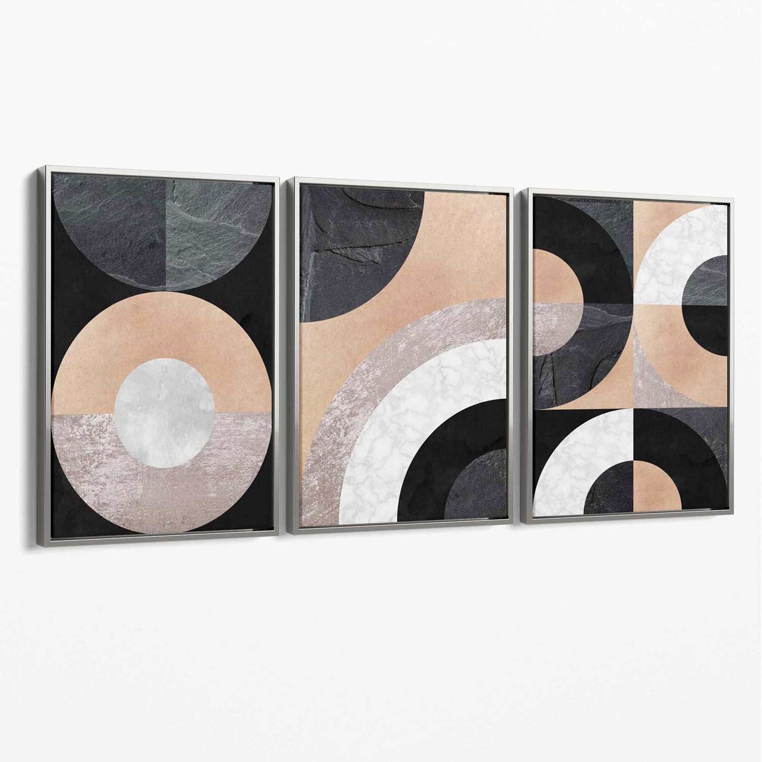 Set of 3 Black and Beige Geometric Canvas Art Prints with Silver Float Frame