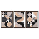 Set of 3 Black and Beige Geometric Framed Art Prints with Dark Wood Frames