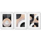 Set of 3 Black and Beige Geometric Framed Art Prints with Glossy White Frames