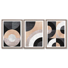 Set of 3 Black and Beige Geometric Framed Art Prints with Light Walnut Frames