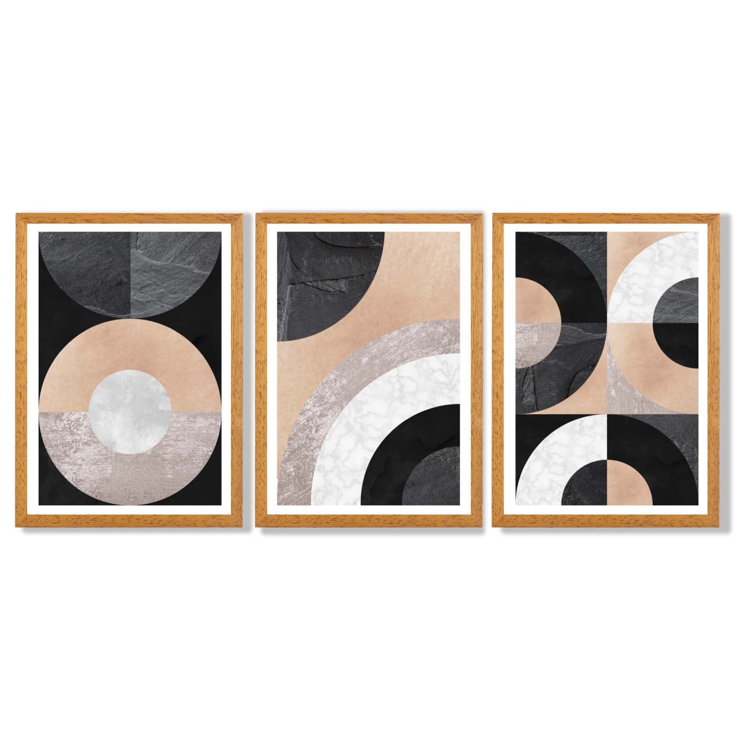 Set of 3 Black and Beige Geometric Framed Art Prints with Oak Wooden Frames