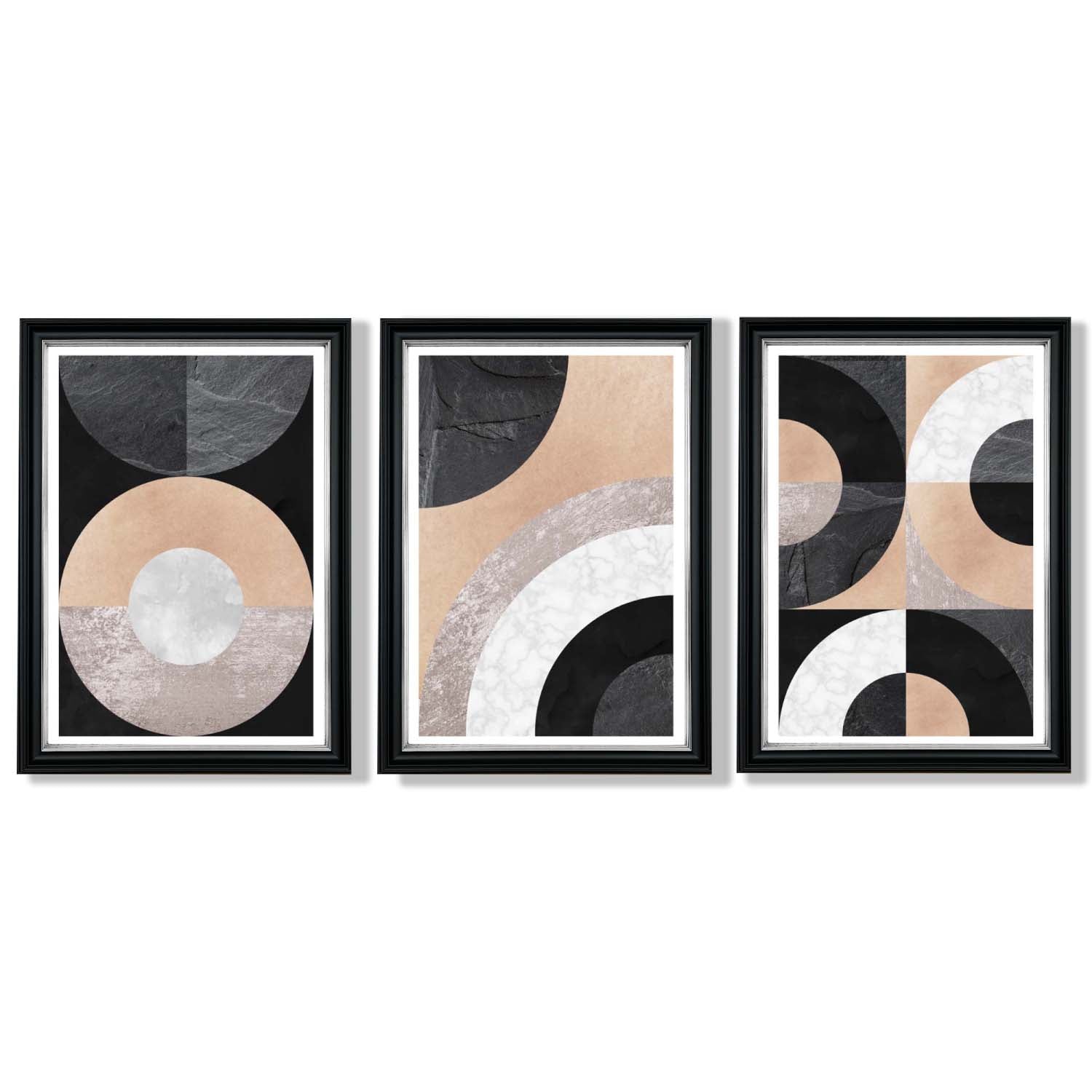 Set of 3 Black and Beige Geometric Framed Art Prints with Vermeer Black and Silver Frames