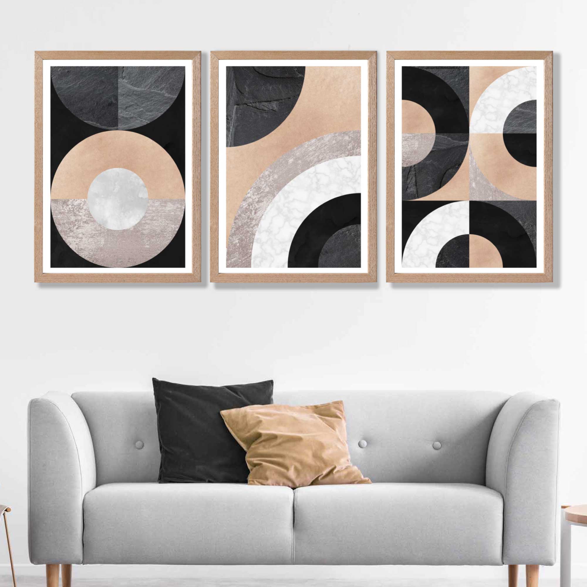 Set of 3 Black and Beige Geometric Art Prints in Luxury Frames | Artze UK