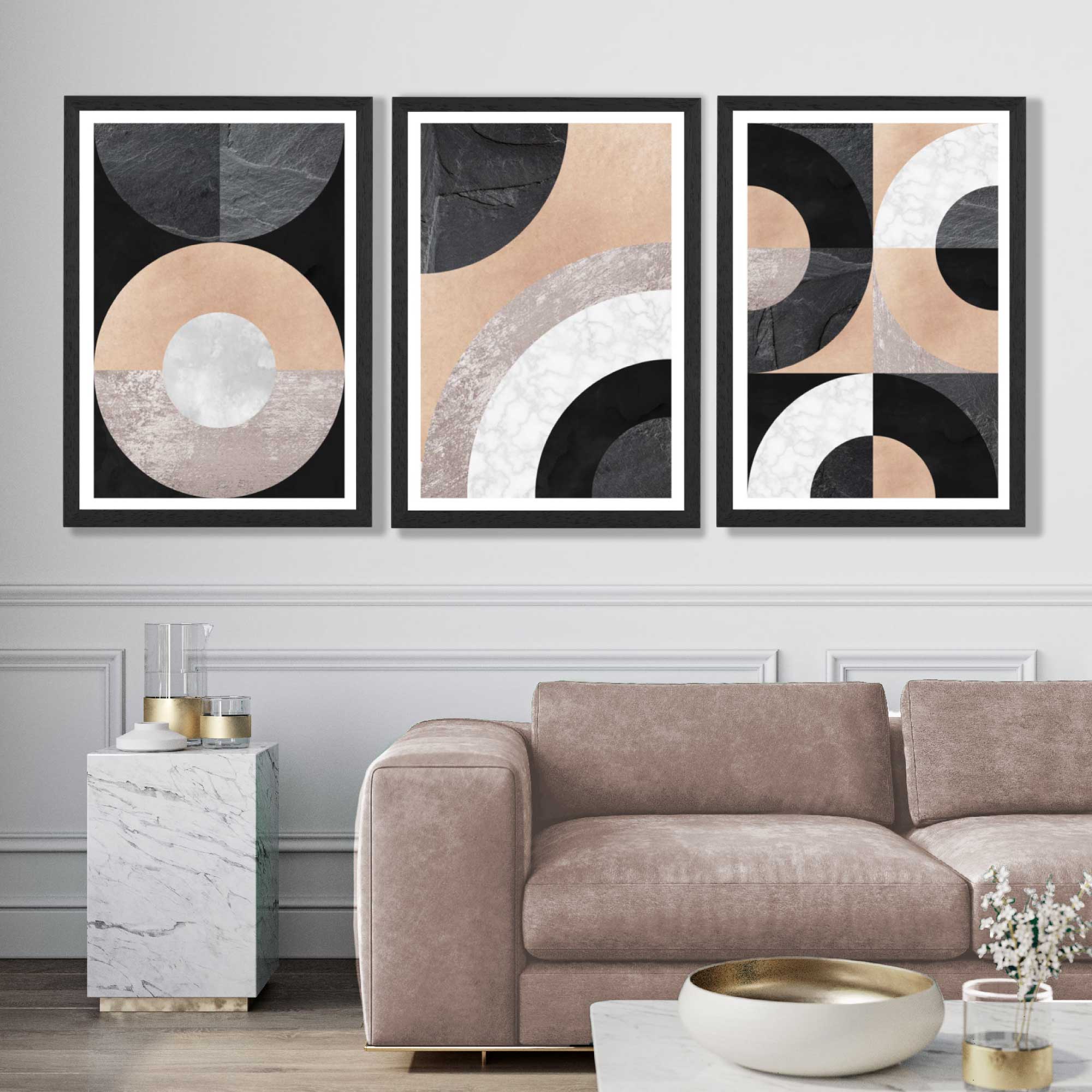 Set of 3 Black and Beige Geometric Art Prints in Black Frames | Artze UK