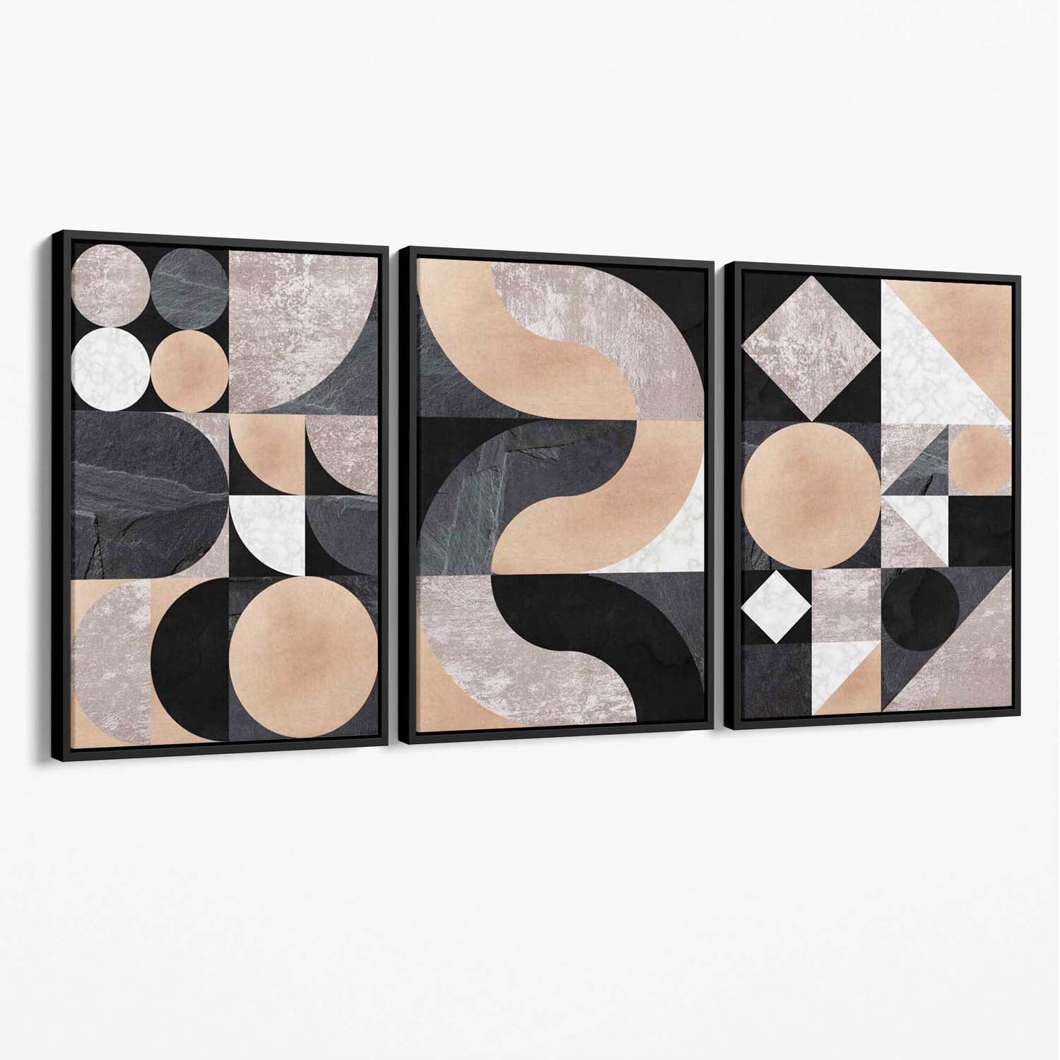 Set of 3 Black and Beige Mid Century Canvas Art Prints with Black Float Frame