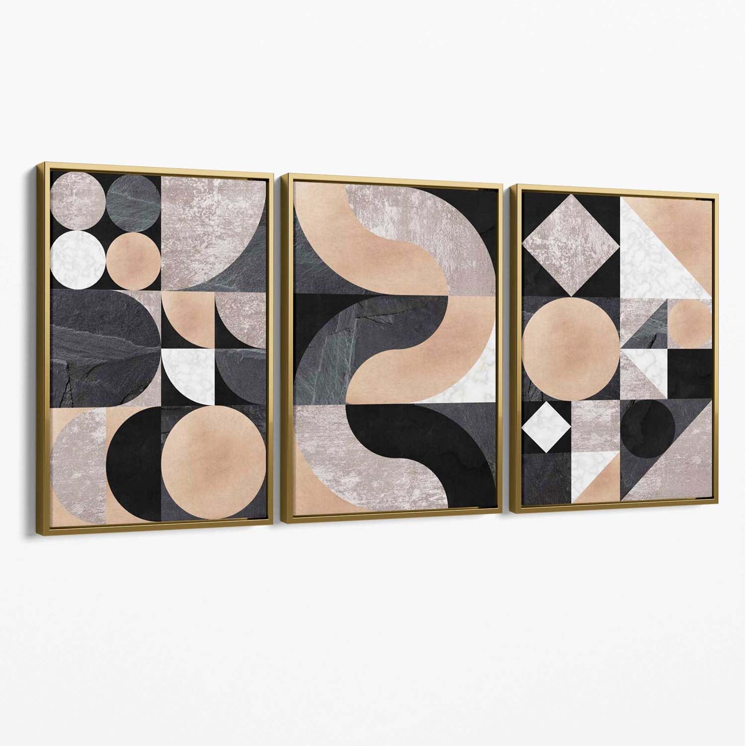 Set of 3 Black and Beige Mid Century Canvas Art Prints with Gold Float Frame