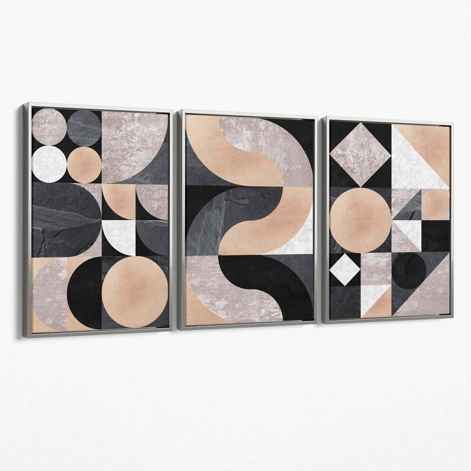 Set of 3 Black and Beige Mid Century Canvas Art Prints with Silver Float Frame