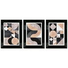 Set of 3 Black and Beige Mid Century Framed Art Prints with Glossy Black Frames