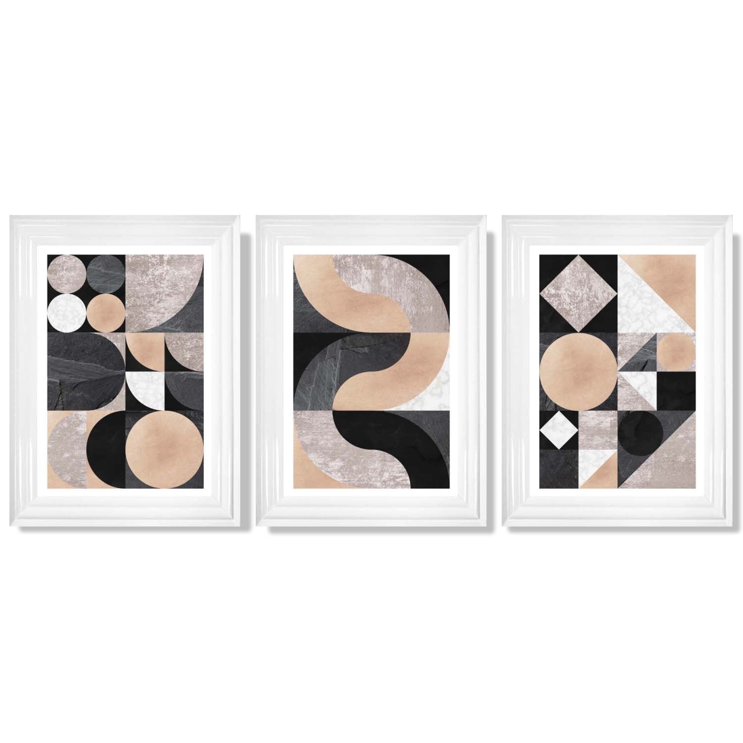 Set of 3 Black and Beige Mid Century Framed Art Prints with Glossy White Frames