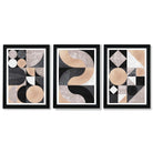 Set of 3 Black and Beige Mid Century Framed Art Prints with Vermeer Black Frames