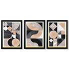 Set of 3 Black and Beige Mid Century Framed Art Prints with Vermeer Black and Gold Frames