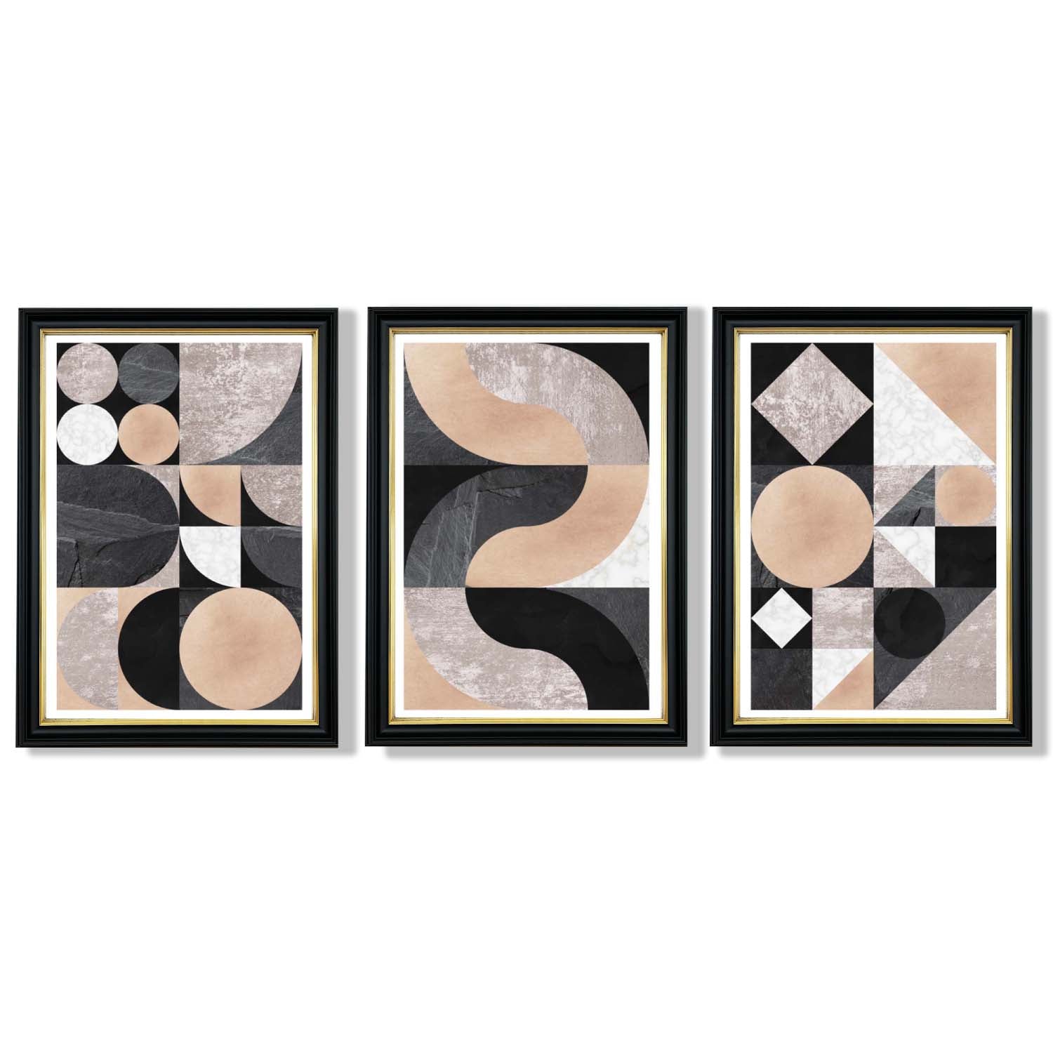 Set of 3 Black and Beige Mid Century Framed Art Prints with Vermeer Black and Gold Frames