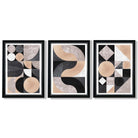 Set of 3 Black and Beige Mid Century Framed Art Prints with Vermeer Black and Silver Frames