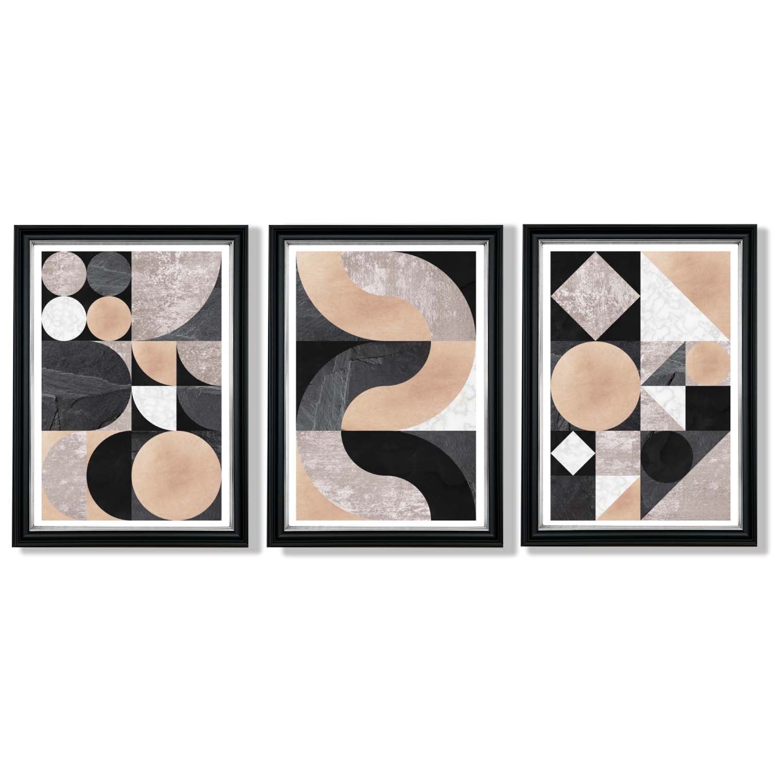 Set of 3 Black and Beige Mid Century Framed Art Prints with Vermeer Black and Silver Frames