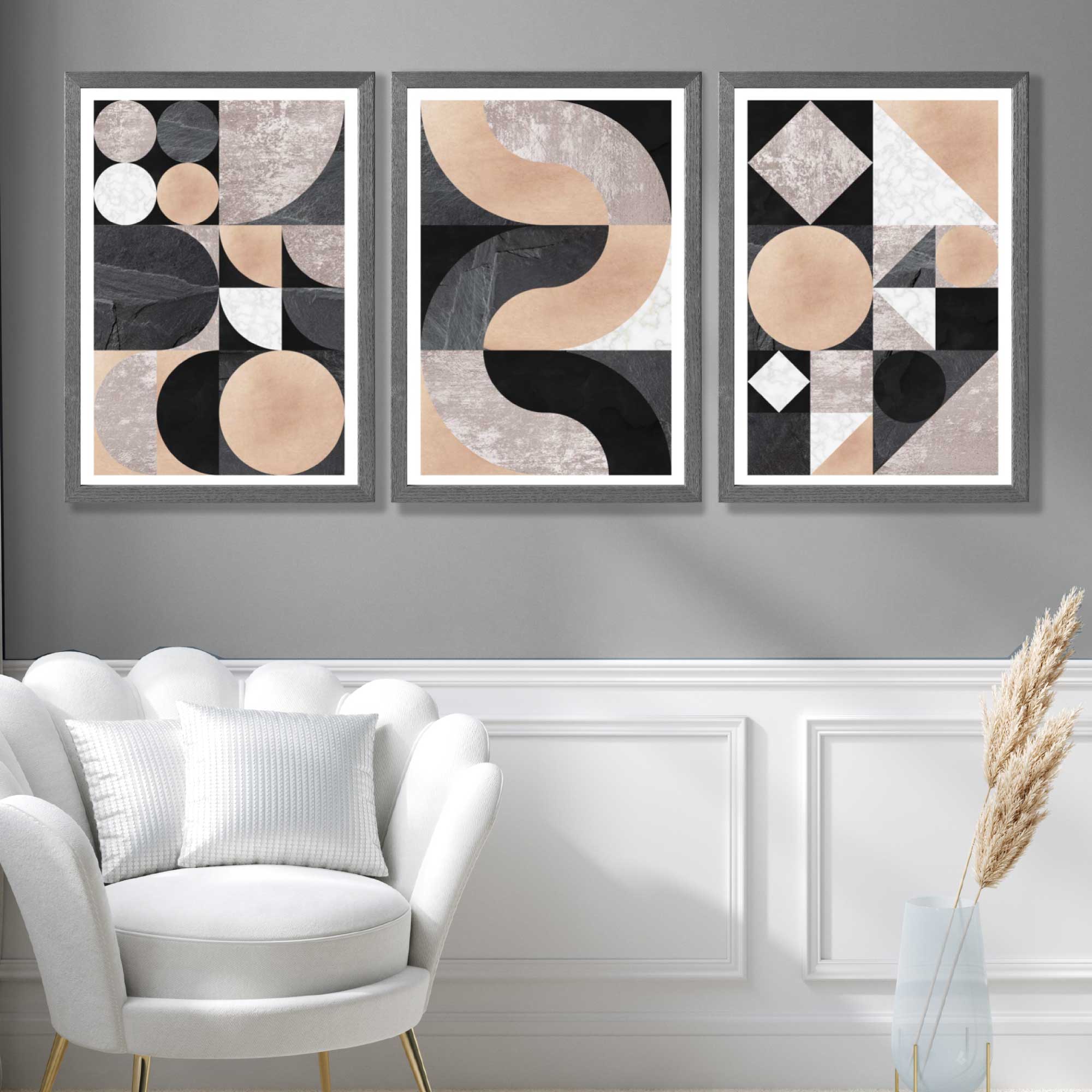 Set of 3 Black and Beige Mid Century Art Prints in Luxury Frames | Artze UK