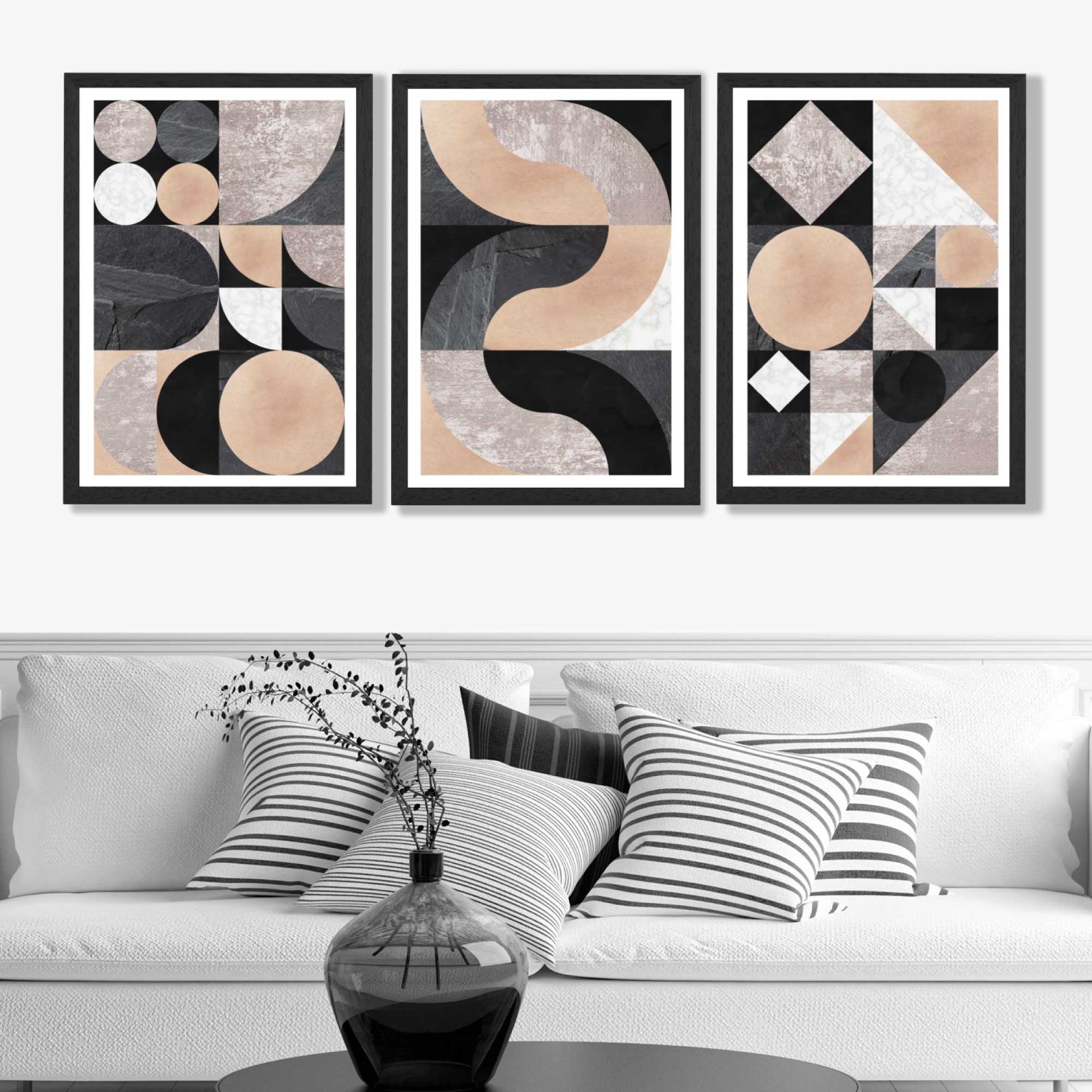 Set of 3 Black and Beige Mid Century Art Prints in Luxury Frames | Artze UK