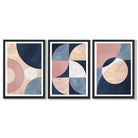 Set of 3 Navy and Blush Abstract Framed Art Prints with Black Wooden Frames