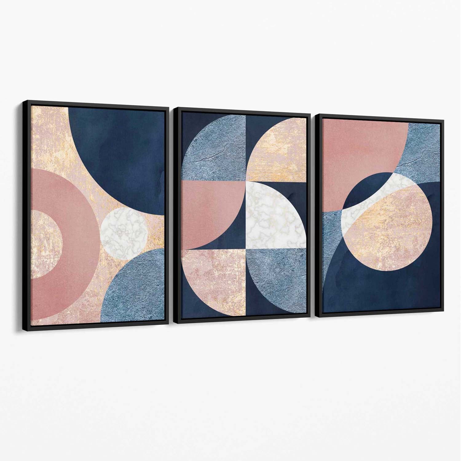 Set of 3 Navy and Blush Abstract Canvas Art Prints with Black Float Frame