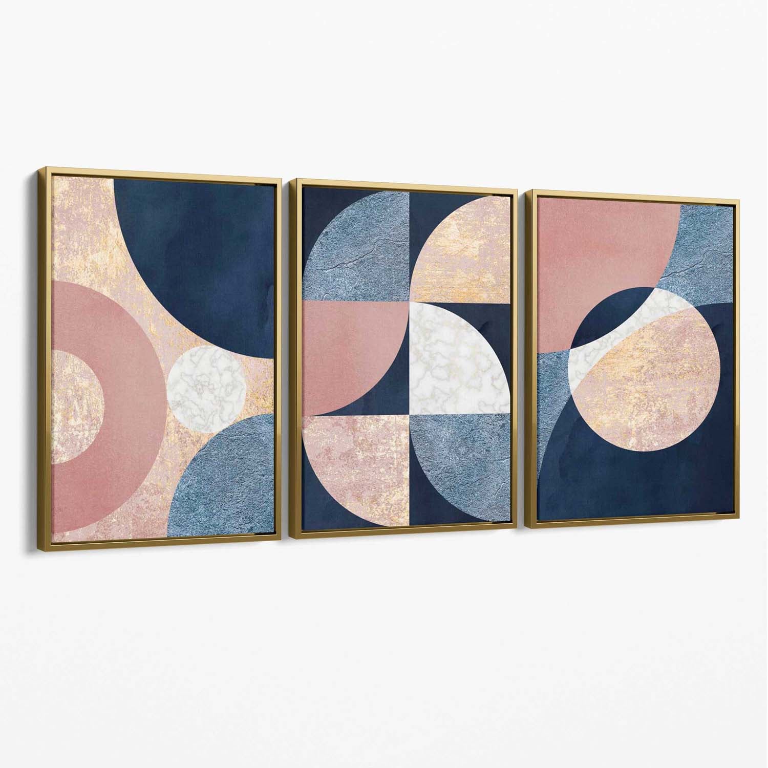 Set of 3 Navy and Blush Abstract Canvas Art Prints with Gold Float Frame