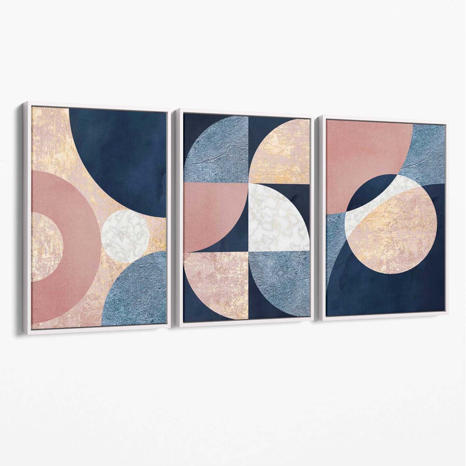 Set of 3 Navy and Blush Abstract Canvas Art Prints with White Float Frame