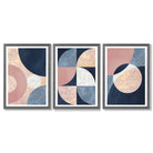 Set of 3 Navy and Blush Abstract Framed Art Prints with Dark Grey Wooden Frames