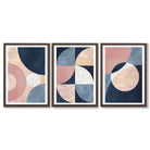 Set of 3 Navy and Blush Abstract Framed Art Prints with Dark Wood Frames